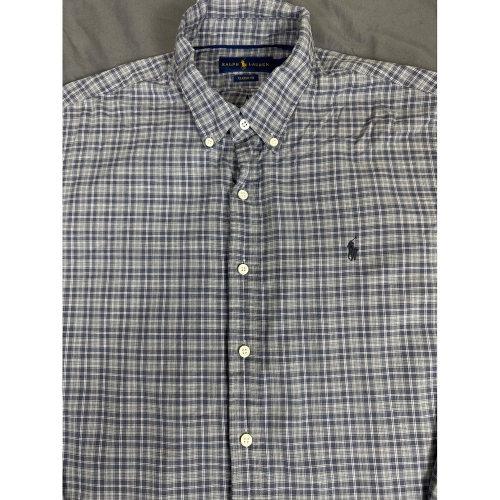 Ralph Lauren Classic Fit Plaid Button Down Shirt Mens Blue Grey Long Sleeve - Picture 12 of 16